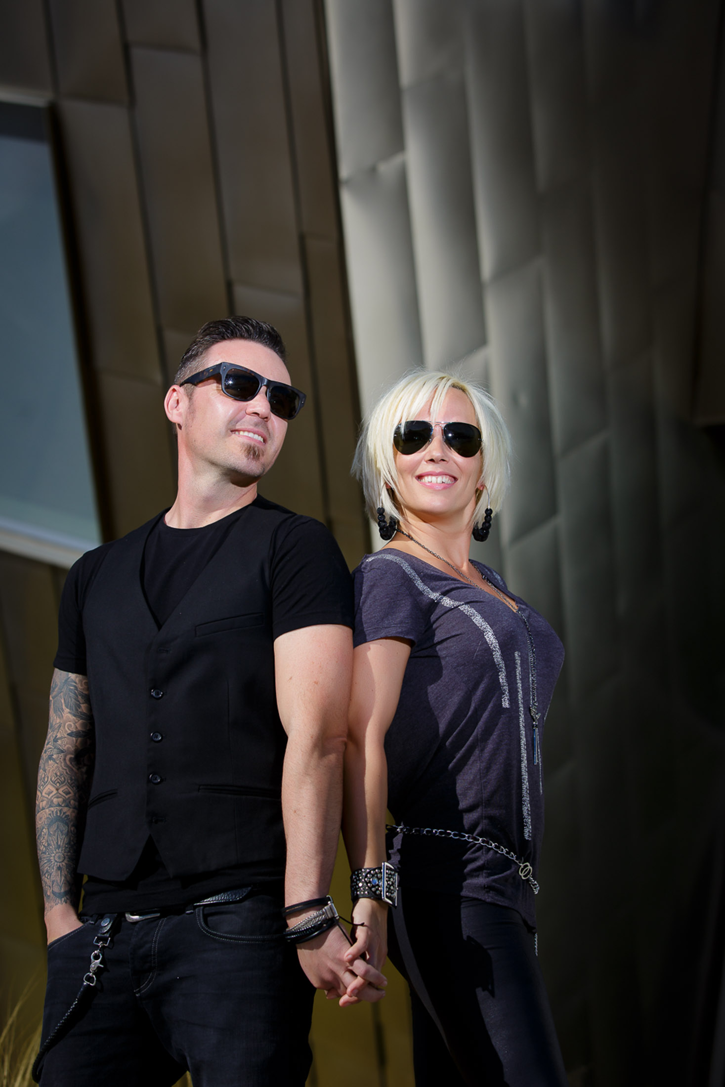 Engagement couple wearing sunglasses at Lou Ruvo Center Las Vegas modern portrait photographed by Zoltan Redl Nagy