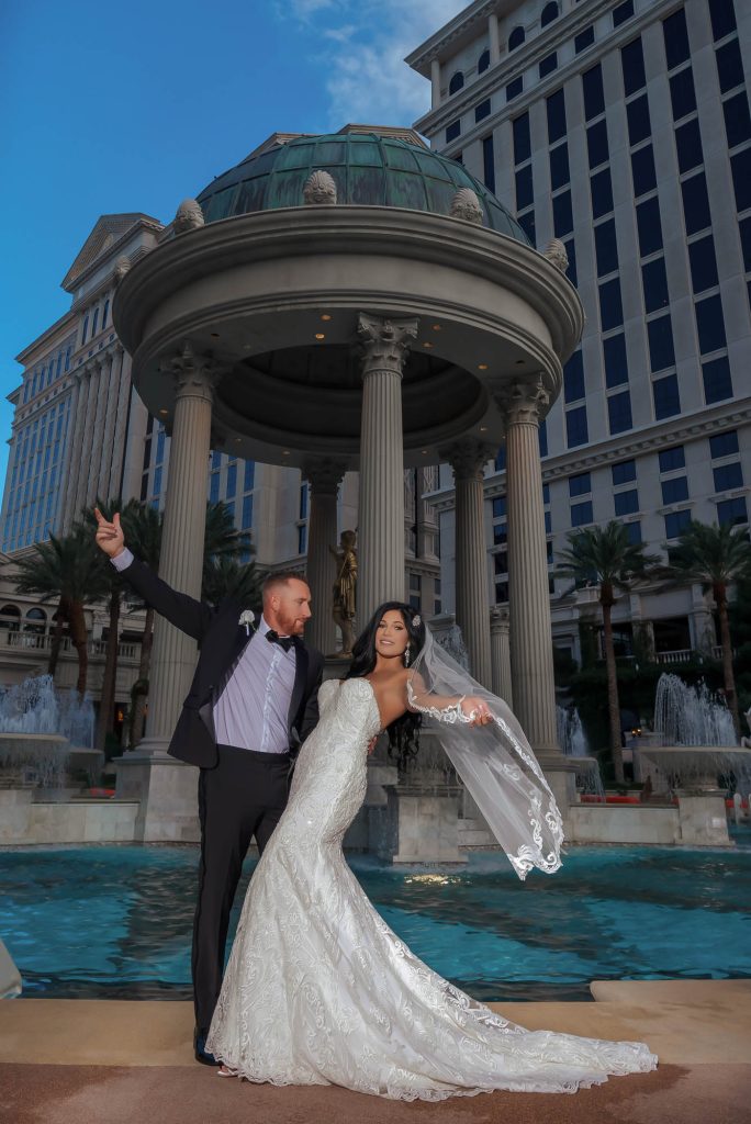 Romantic wedding couple portrait at Garden of the Gods in Caesars Palace Las Vegas