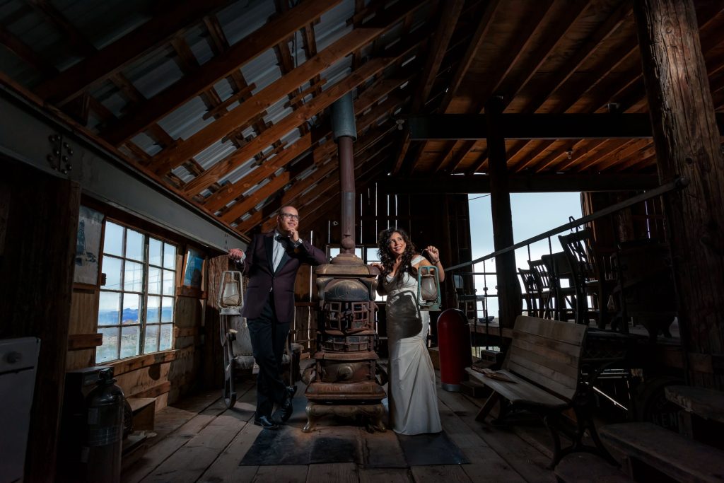 Elopement couple inside vintage wooden cabin Nelson Ghost Town Nevada near Las Vegas