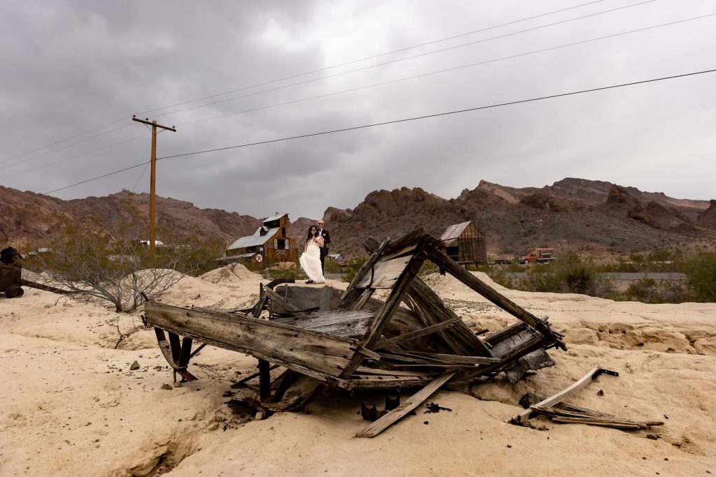 Elopement couple at Nelson Ghost Town Nevada desert landscape near Las Vegas