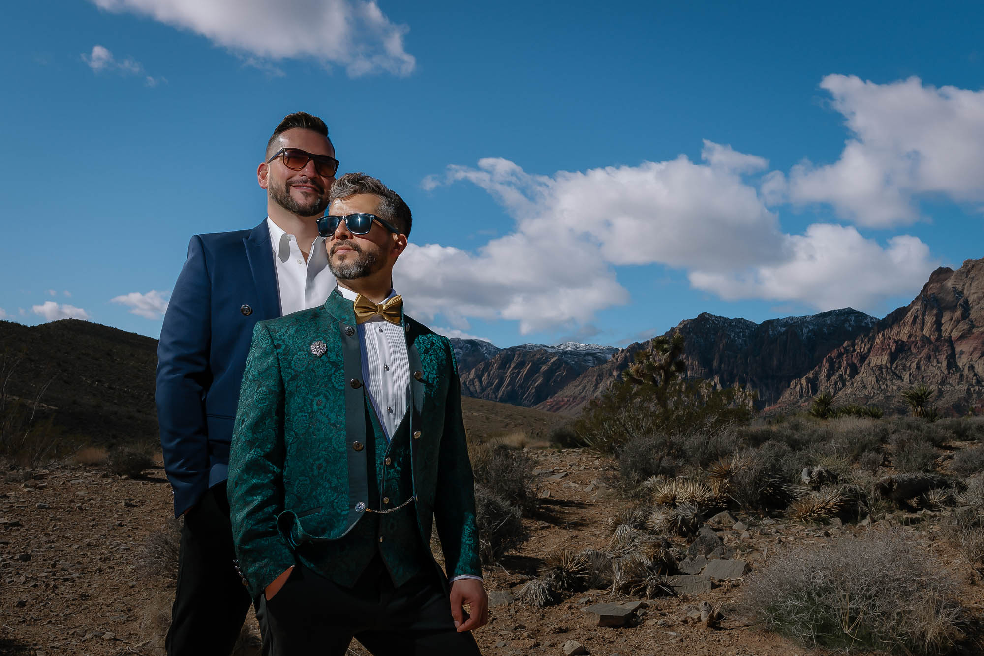 Same-sex elopement couple in Red Rock Canyon desert landscape photographed by Zoltan Redl Nagy
