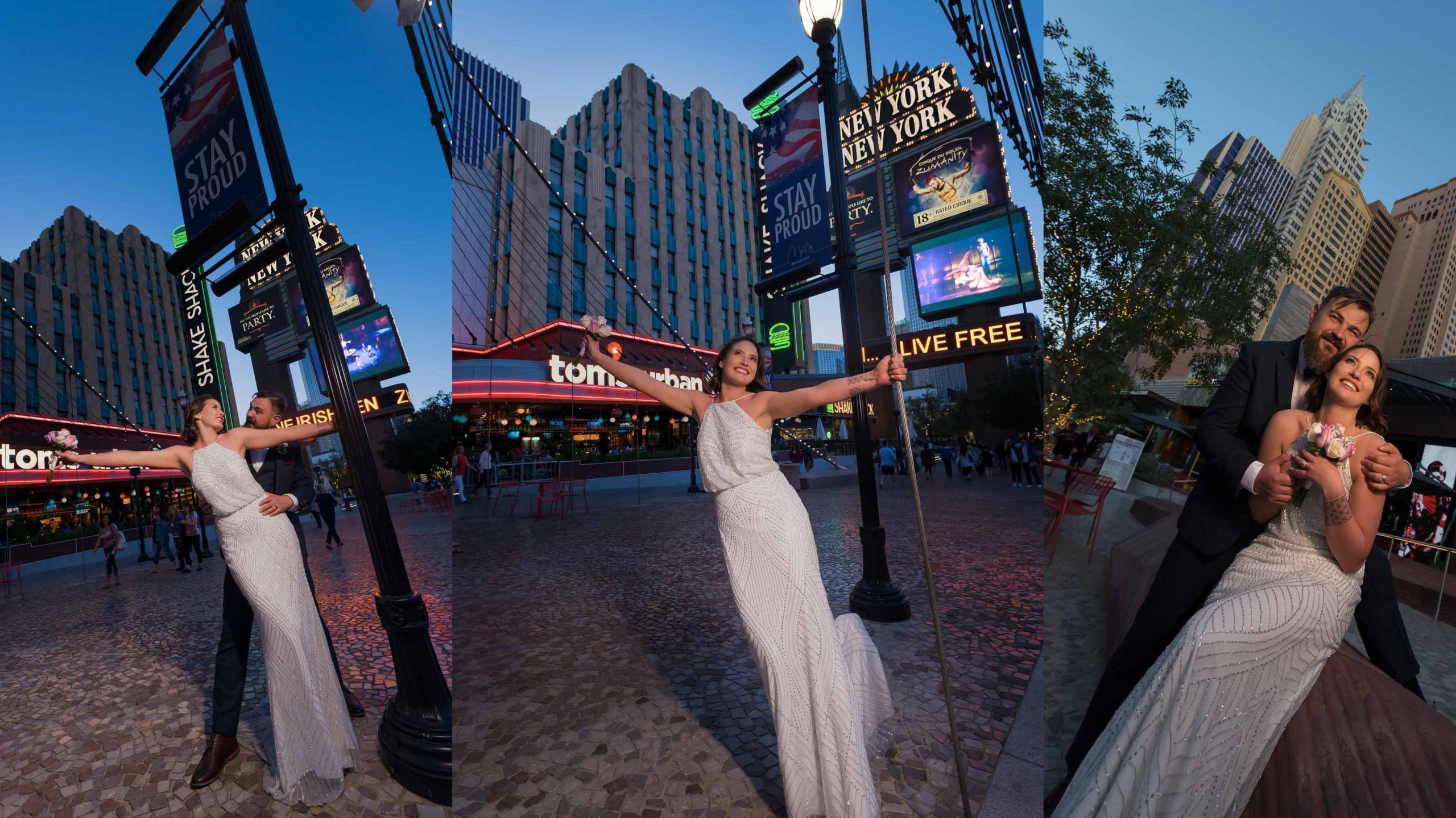 Romantic nighttime elopement collage at New York-New York Las Vegas featuring playful couple portraits and glowing city lights