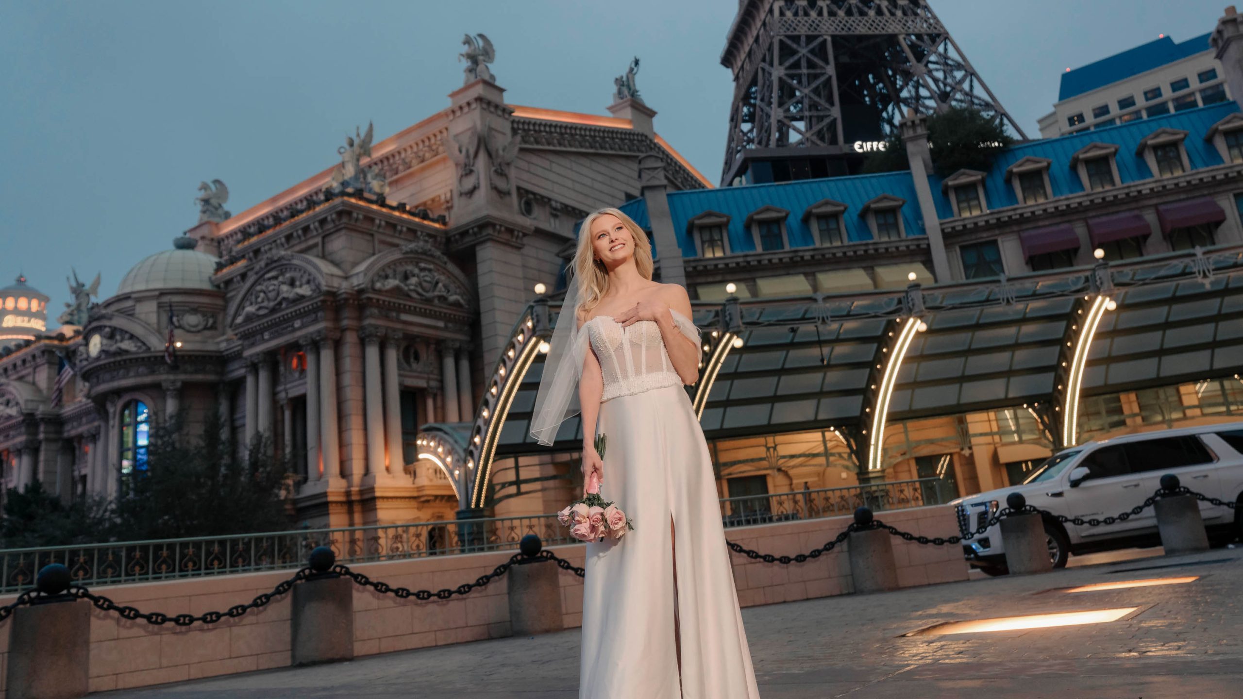Bride portrait during blue hour at Paris Las Vegas Hotel before an elopement photo session