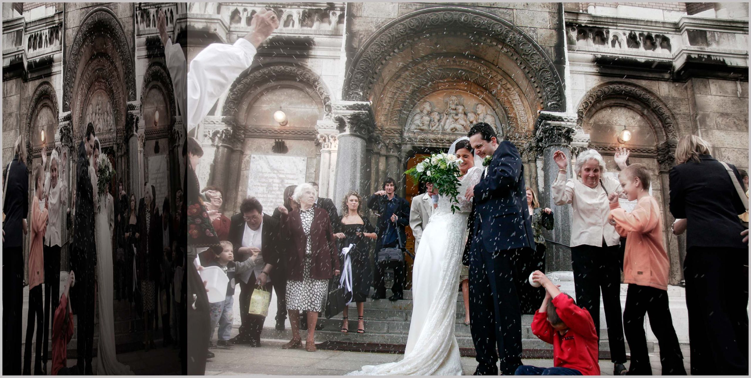 Luxury wedding album spread featuring the joyful church exit of the bride and groom photographed by Las Vegas Wedding Photographer Zoltan Redl-Nagy