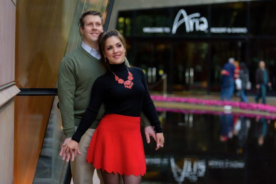 Engagement couple at Aria Las Vegas city portrait romantic moment photographed by Zoltan Redl Nagy