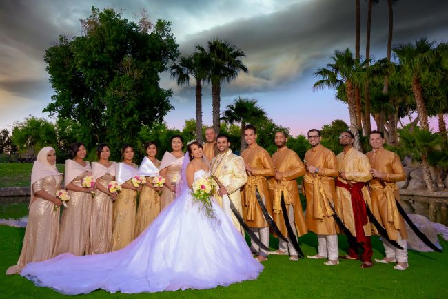 indian wedding bridal party group photo in las vegas outdoor ceremony