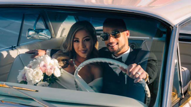 Wedding couple in vintage car portrait in Las Vegas