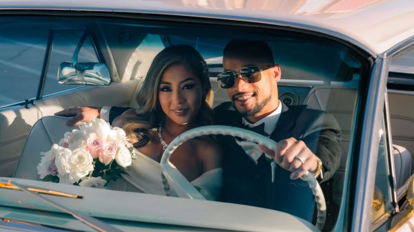 Wedding couple in vintage car portrait in Las Vegas