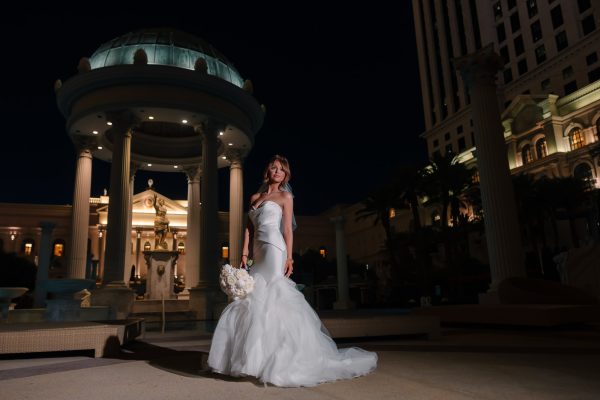 Bride portrait at Caesars Palace Fountain of the Gods at night Las Vegas
