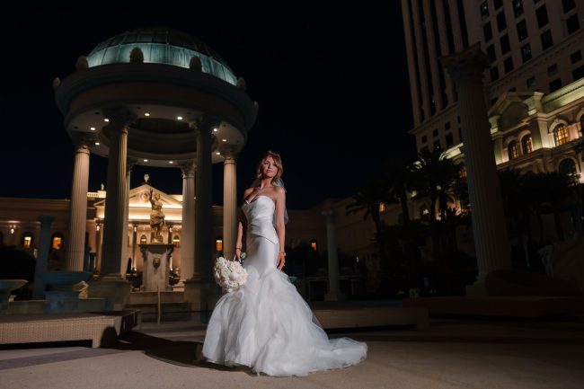 Bride portrait at Caesars Palace Fountain of the Gods at night Las Vegas