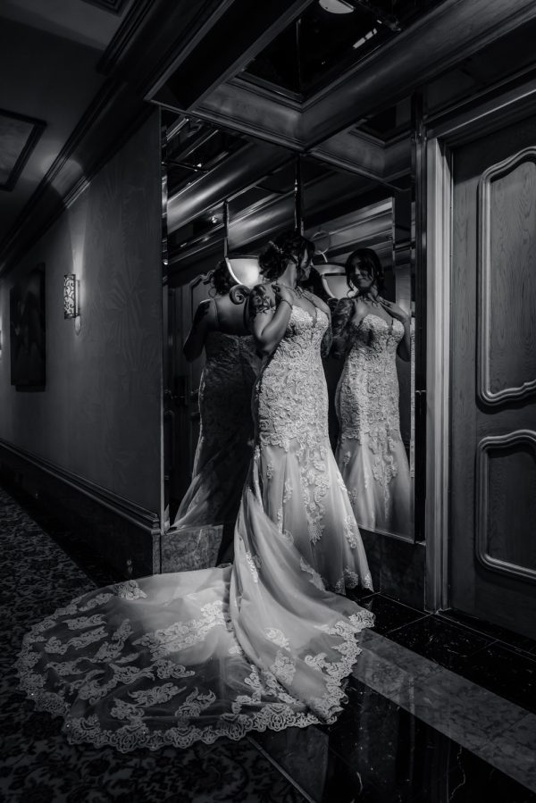 Bride portrait at Golden Nugget Las Vegas hotel corridor black and white