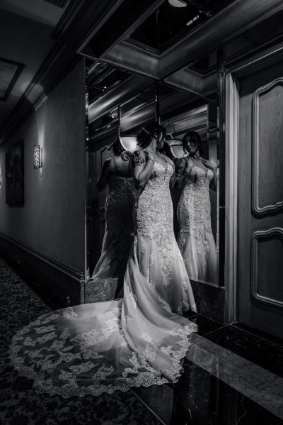 Bride portrait at Golden Nugget Las Vegas hotel corridor black and white