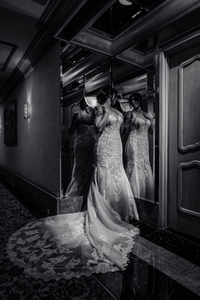 Bride portrait at Golden Nugget Las Vegas hotel corridor black and white