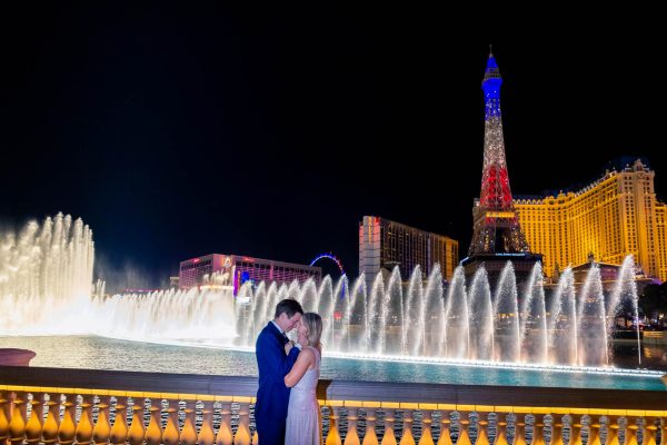 Las Vegas Strip elopement couple at Bellagio fountains Eiffel Tower night