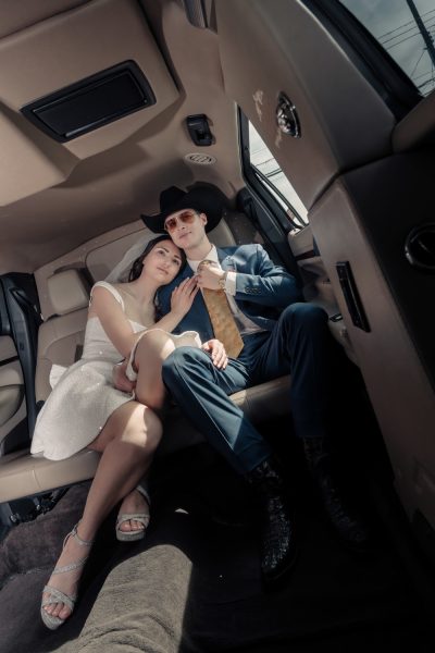 Las Vegas wedding couple in limousine stylish portrait inside limo