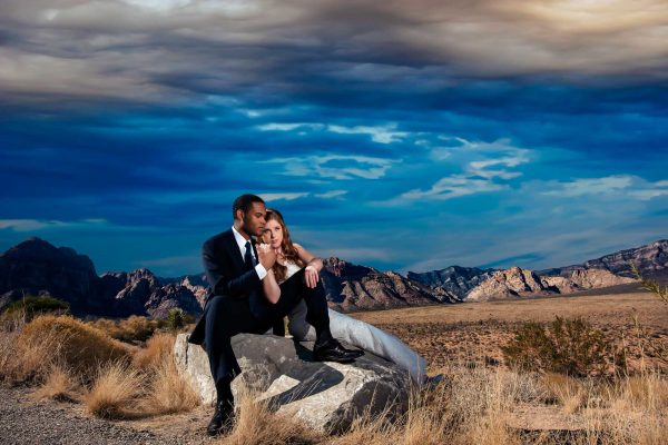 Red Rock Canyon elopement couple portrait at sunset mountains Las Vegas Nevada