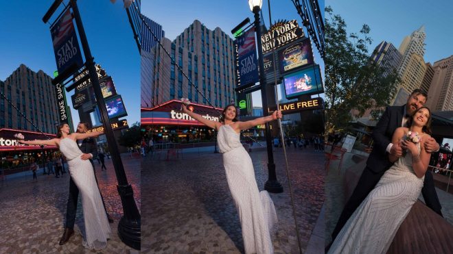 Romantic nighttime elopement collage at New York-New York Las Vegas featuring playful couple portraits and glowing city lights