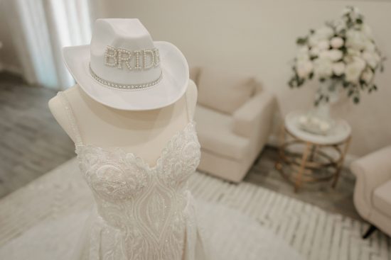 Bride's wedding dress and bridal hat before an Armenian wedding in Las Vegas