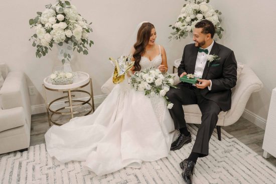 Bride and groom exchanging traditional Armenian wedding gifts in Las Vegas