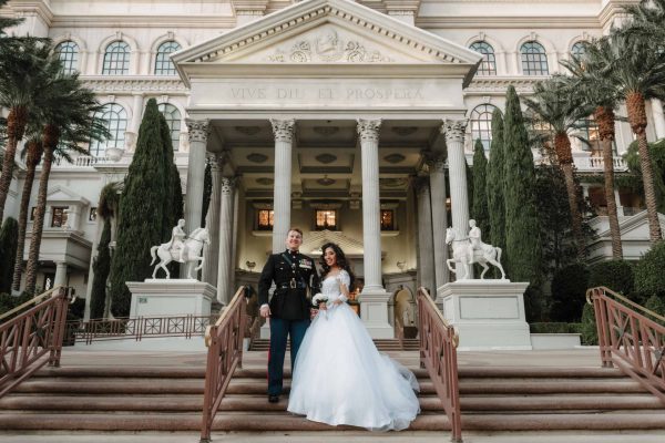 Bride and groom portrait at Caesars Palace in Las Vegas captured during photo and video wedding coverage.
