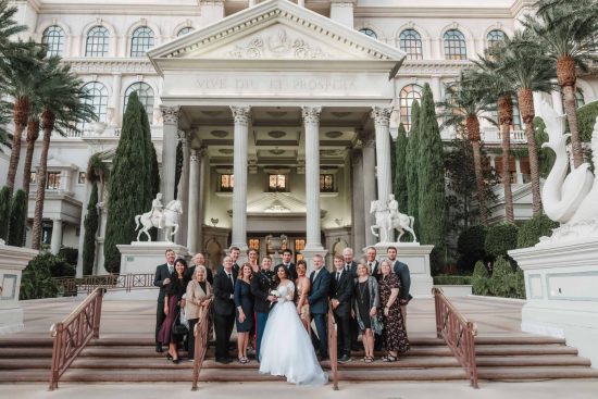 Small family wedding portrait at Caesars Palace in Las Vegas following an intimate wedding ceremony.