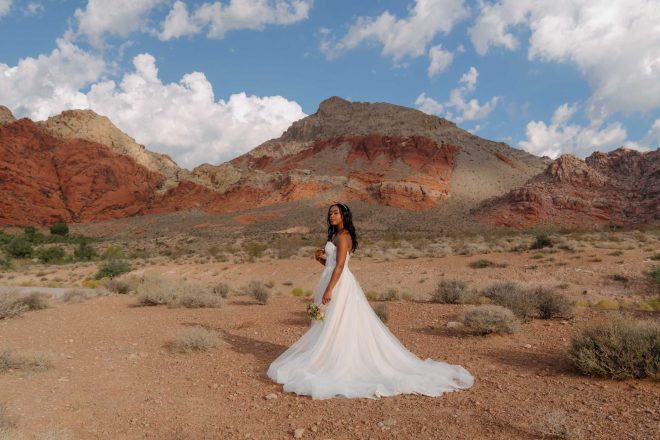 Bride during a sunrise wedding portrait session at Calico Basin in Red Rock Canyon near Las Vegas