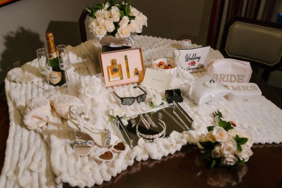 Bridal accessories, wedding rings, bouquet, shoes, and wedding details before a Las Vegas wedding ceremony