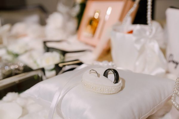 Wedding rings on a ring pillow before a Las Vegas wedding ceremony