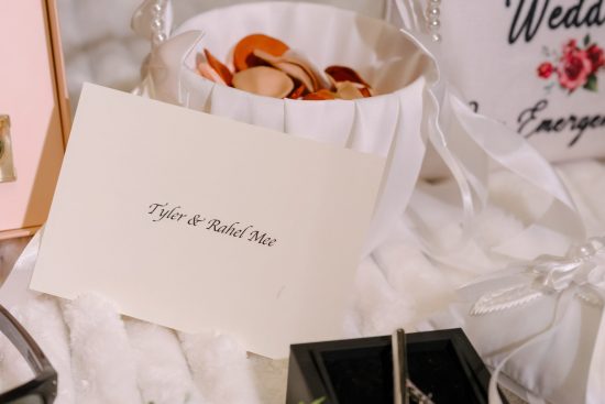Wedding invitation and bridal details before a Las Vegas wedding ceremony