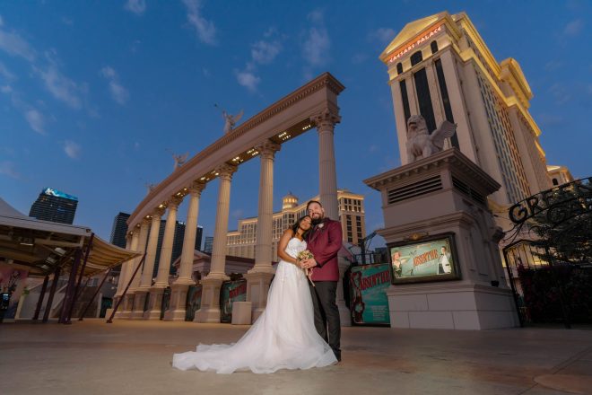 Bride and groom during blue hour at Caesars Palace Las Vegas wedding photography